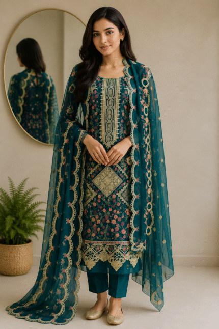3pcs Embroidered Shafoon Suit