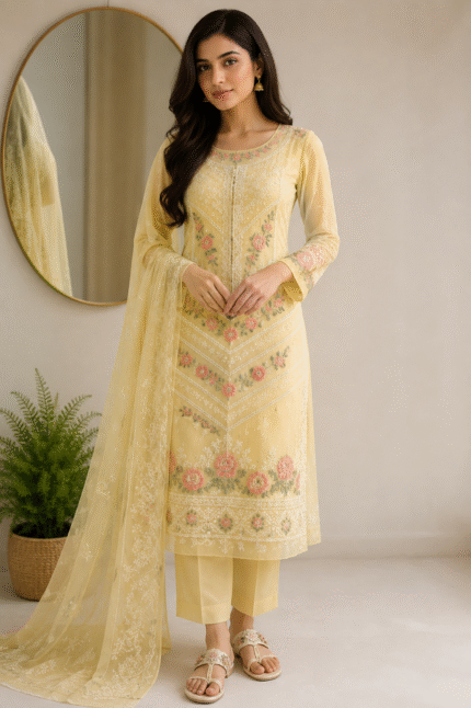 3pcs Embroidered Shafoon Suit